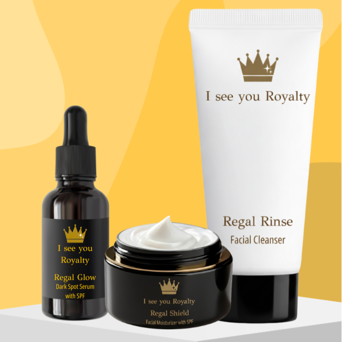 Skincare products with 'I see you Royalty' branding on a yellow background